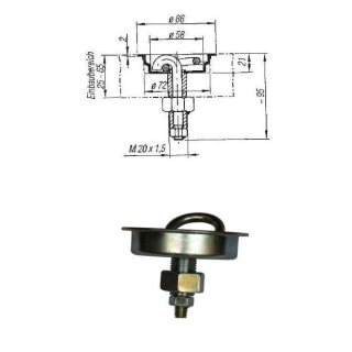 Round lashing trough with screw & ring Ø 86 mm, installation depth 21 mm, 2000 daN